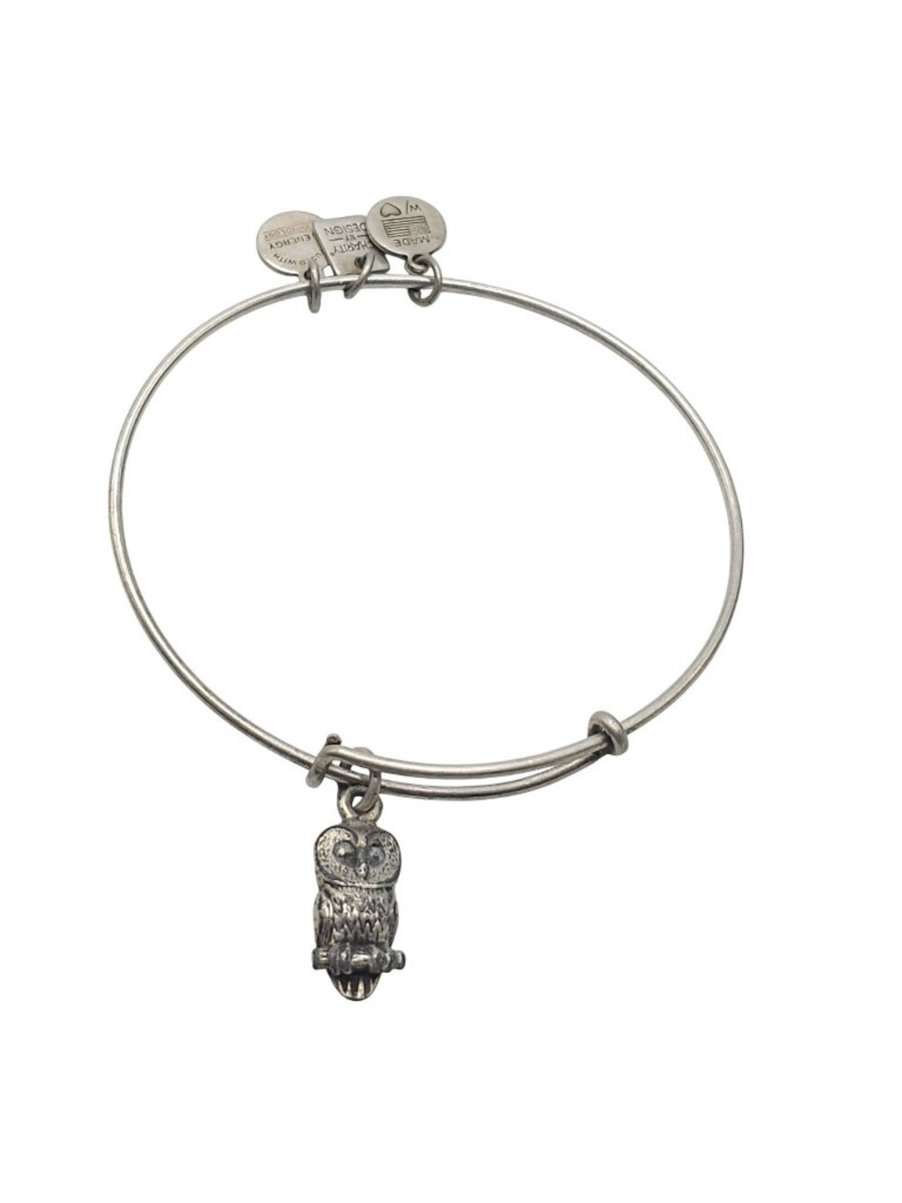 Owl Charm Adjustable Silver Bangle Bracelet By Alex & Ani Made In USA